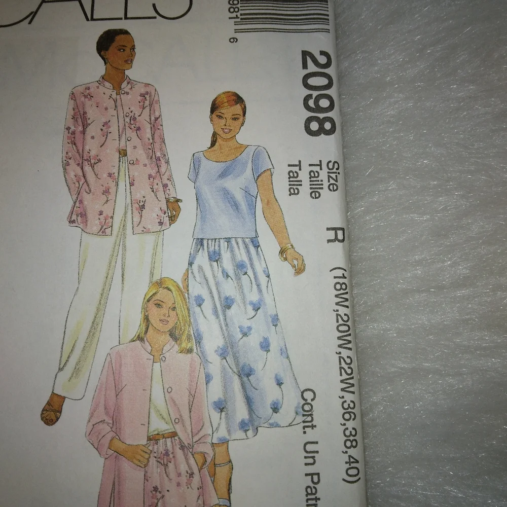 McCall's 2098 Sz 18W-22W Misses EASY Unlined jacket, top, pull on pants, skirt